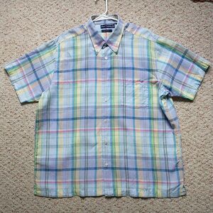 Grant Thomas Button Down Shirt Men XL Pastel Plaid Pure Linen Short Sleeve